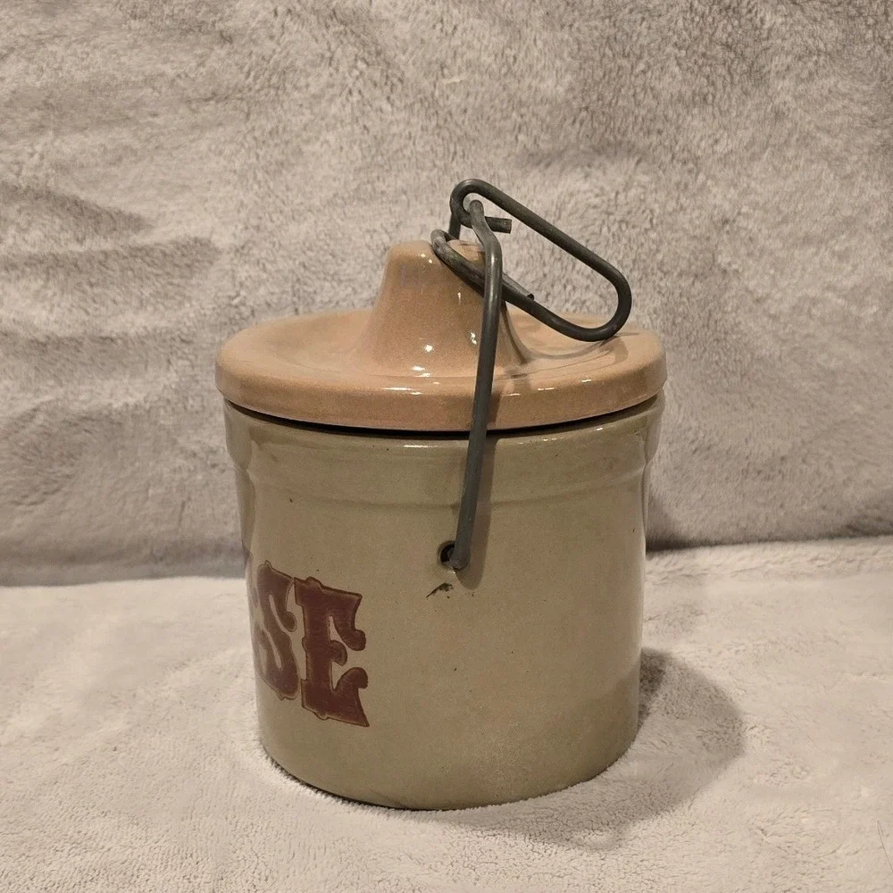 Vintage Stoneware Cheese Crock with Metal Bale Handle Tan Glazed Pottery Lid 5.5